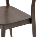 Close-up of solid wood dining chair seat and tapered legs in walnut finish, mid-century modern wooden chair detail