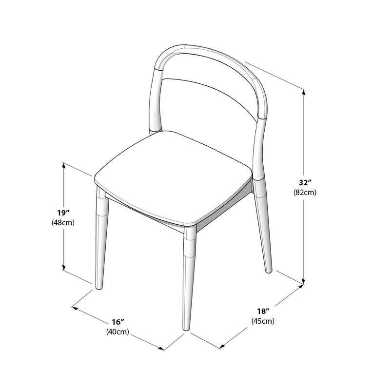 Line drawing of modern wooden dining chair with curved back; seat 18" (45cm) wide, 16" (40cm) deep, seat height 19" (48cm), overall height 32" (82cm)