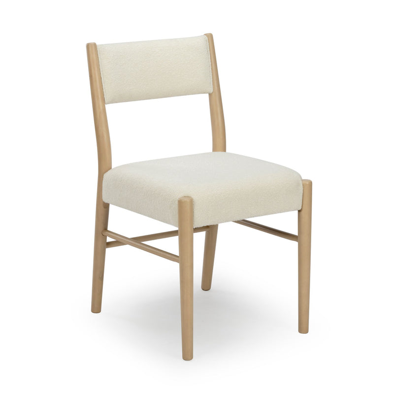 Cream upholstered armless dining chair with light oak frame and boucle fabric, Scandinavian modern style on white background