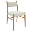 Mid-century modern dining chair with white boucle upholstery, padded seat and back, light oak wooden frame, close-up