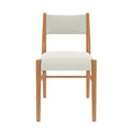 Mid-century modern wooden dining chair with beige upholstered seat and back, front view on white background
