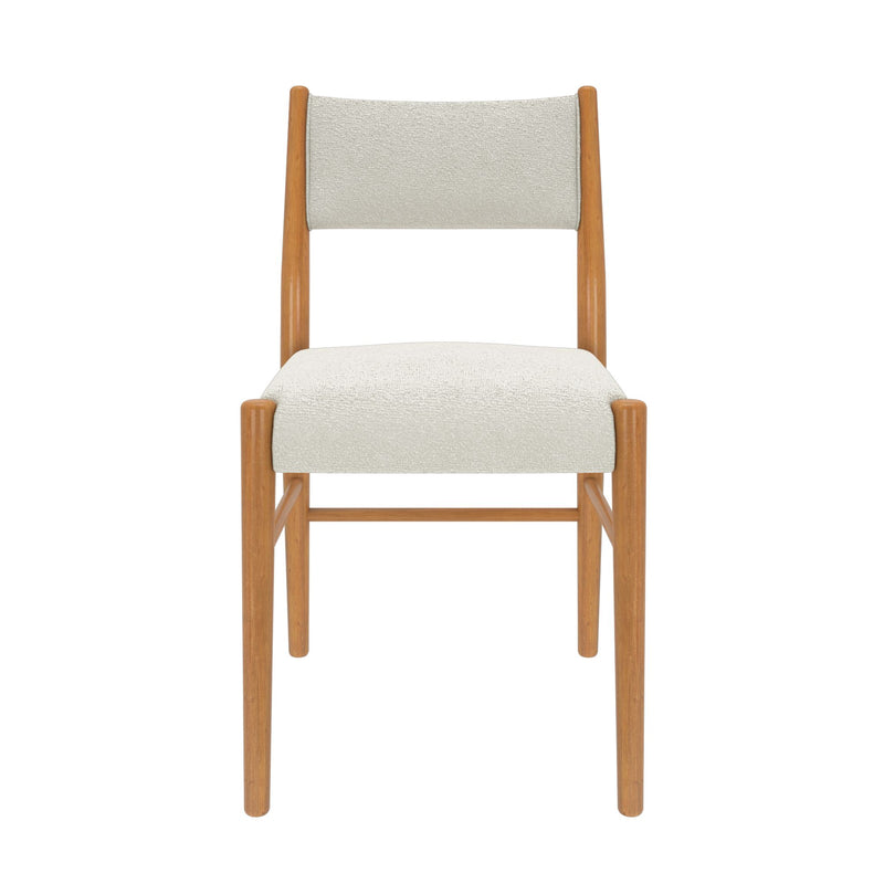 Mid-century modern wooden dining chair with beige upholstered seat and back, front view on white background
