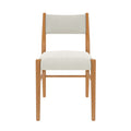 Mid-century modern dining chair with natural wood frame and cream textured upholstered seat and back, front view on white background