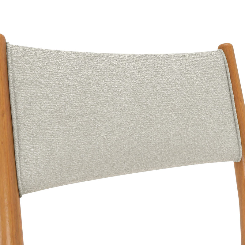 Close-up of beige boucle fabric sling chair backrest with light wood frame, modern Scandinavian mid-century design