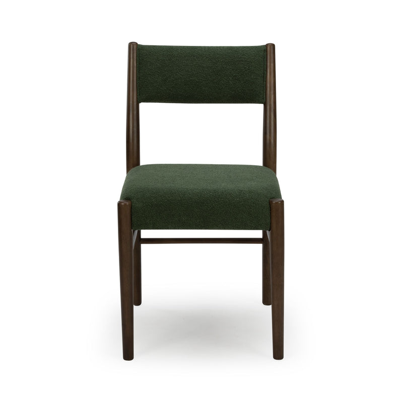 Green upholstered dining chair with dark wood frame, padded seat and back, mid-century modern style, front view