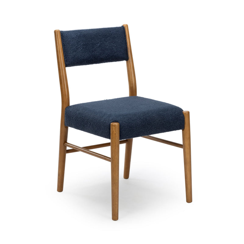 Mid-century modern navy upholstered dining chair with oak frame, close-up of seat and back on white background