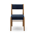 Front view of a mid-century modern navy blue upholstered dining chair with solid wood frame and cushioned seat and back on white background
