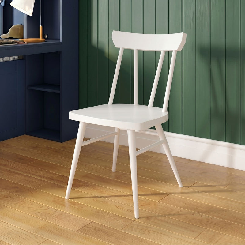 White wooden dining chair in a modern interior with green vertical paneled wall, navy built‑in desk and hardwood floor
