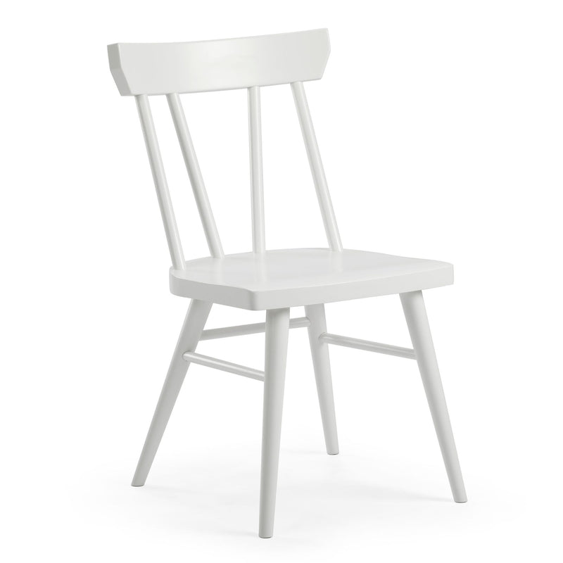 White wooden spindle-back dining chair with contoured seat and angled legs, Scandinavian farmhouse style, isolated on white background