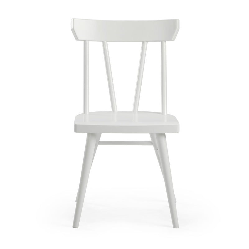 Minimalist white wooden dining chair with spindle back and contoured seat, modern Scandinavian-style kitchen chair on white background.