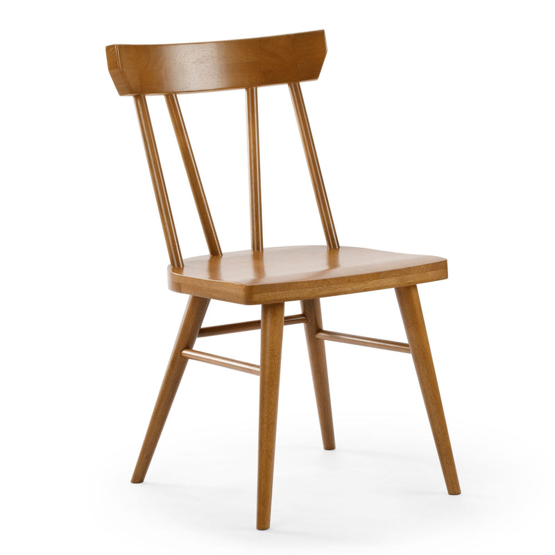 Mid-century modern wooden dining chair with spindle back and natural oak finish on white background