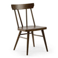 Mid-century modern solid wood dining chair with spindle back, tapered legs and brown wood finish on white background