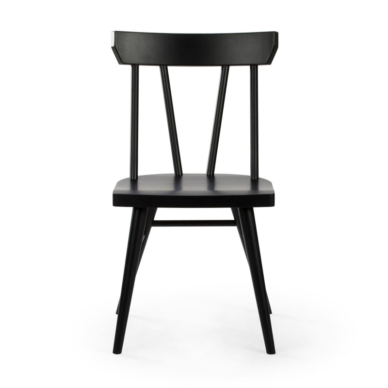 Black wooden spindle-back dining chair with matte finish on white background, modern farmhouse kitchen seating