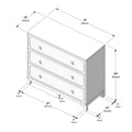 Three-drawer dresser dimensions diagram showing overall 37 in x 16 in x 34 in (95 x 40 x 85 cm), drawer width 33 in (87 cm), 3 in (8 cm) toe-kick and 12 in (32 cm) leg spacing.