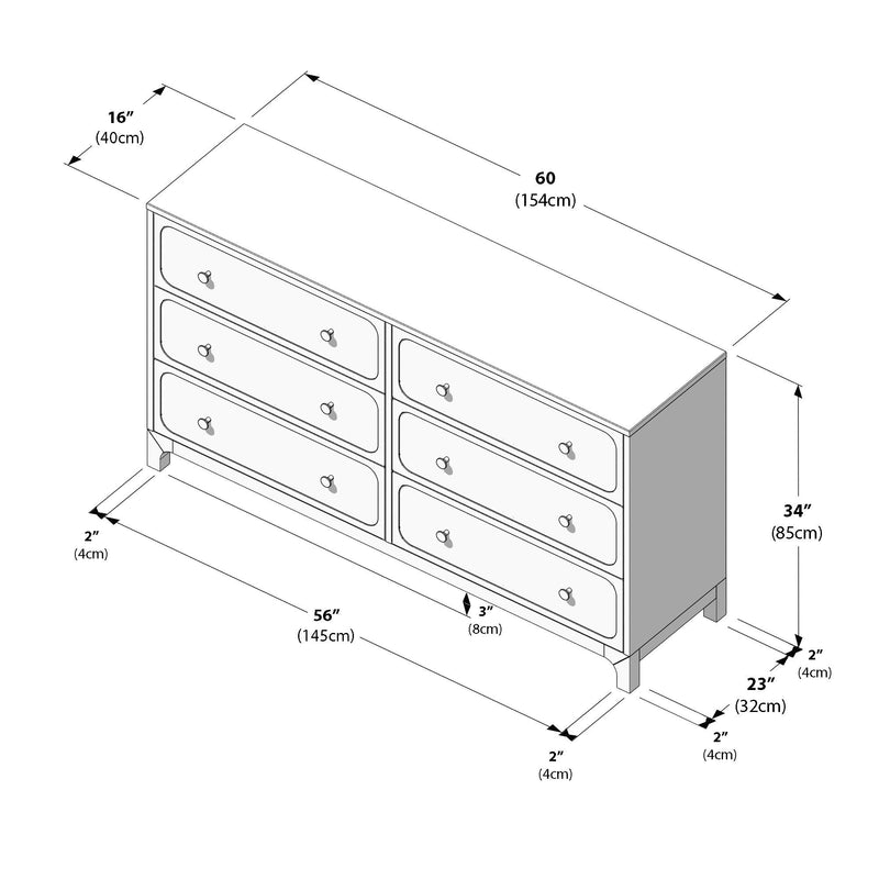 Isometric assembly diagram of a six-drawer dresser with dimensions 60 in x 23 in x 34 in (154 cm x 32 cm x 85 cm), showing drawer layout, knobs, and measurement callouts.