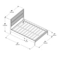 Technical diagram of a slatted bed frame with upholstered headboard and labeled dimensions (81" / 206 cm length, 57" / 145 cm width, 48" / 123 cm headboard height, 10" / 24 cm under-bed clearance) — bed frame dimensions for product listing