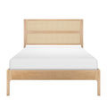 Light oak platform bed with woven cane rattan headboard and footboard, white mattress, minimalist modern boho bedroom furniture
