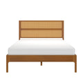 Mid-century modern solid wood platform bed with natural cane rattan headboard and white mattress