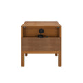 Honey oak wooden nightstand with open shelf, built-in cable management outlet and coiled black power cord