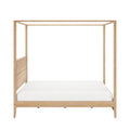Light oak canopy bed frame with panel headboard and white mattress, minimalist wooden four-poster bed for modern bedrooms