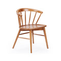 Light brown natural wood spindle-back dining chair with curved armrest, round seat and tapered legs on white background