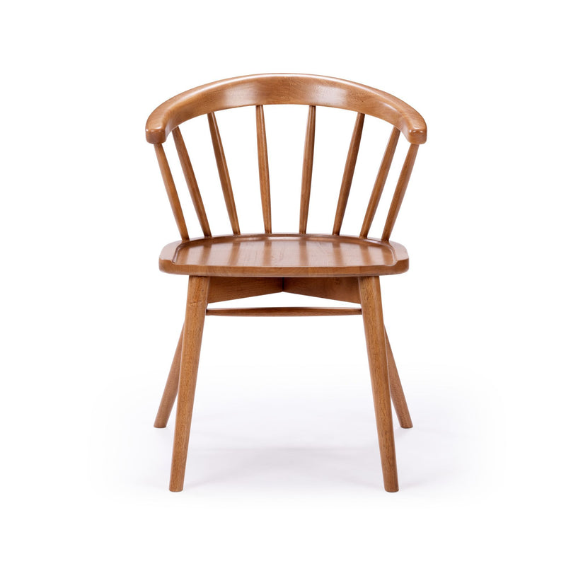Front view of mid-century modern wooden spindle-back dining chair with rounded top rail and natural wood finish on white background
