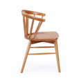 Mid-century modern solid wood dining chair with curved spindle back and natural oak finish on white background