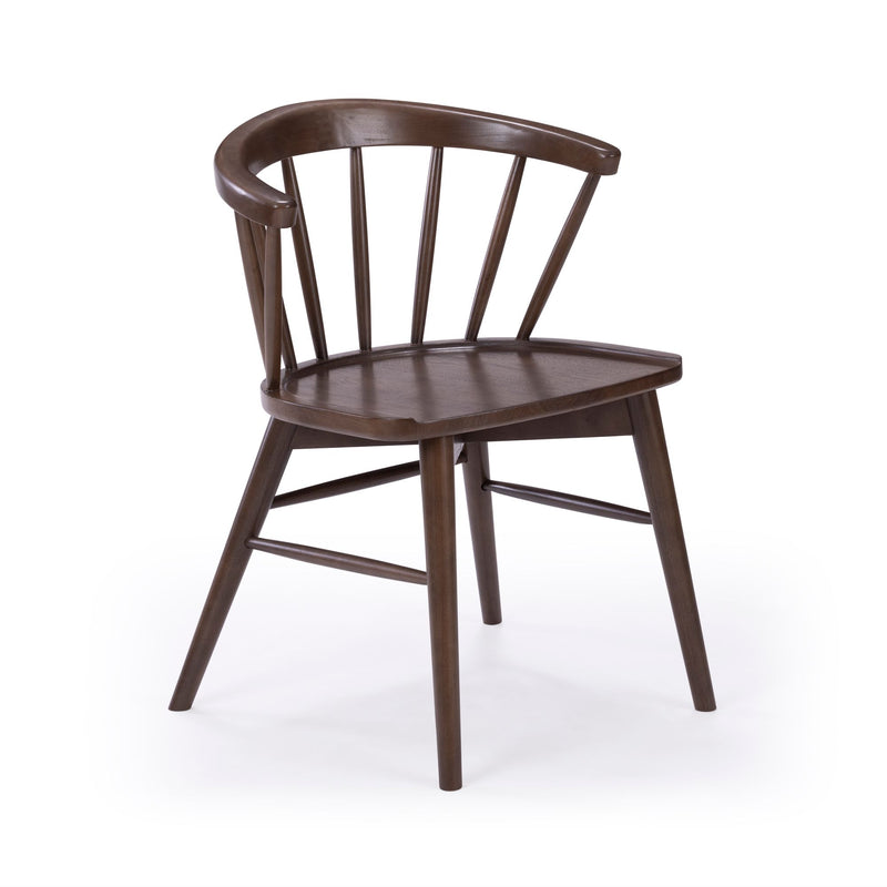 Mid-century modern walnut-finish wooden dining chair with curved spindle back, tapered legs and stretcher, isolated on white background