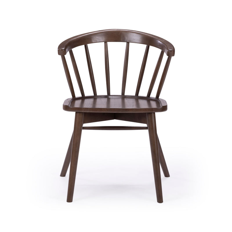 Brown wooden Windsor-style dining chair with curved spindle back and contoured seat, isolated on white background
