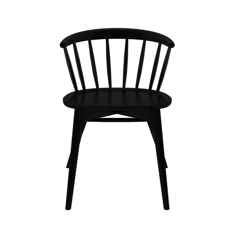 Black wooden Windsor-style dining chair with curved spindle back and molded seat on white background