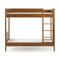 Solid wood bunk bed frame with built-in ladder in warm natural finish, minimalist space‑saving bedroom furniture