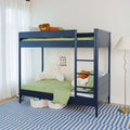 Navy blue kids bunk bed with green comforters, plush teddy bear, striped blue rug and modern lamp in bright bedroom