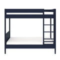 Navy blue wooden bunk bed with ladder and white mattresses, space-saving twin-over-full design for kids' bedroom