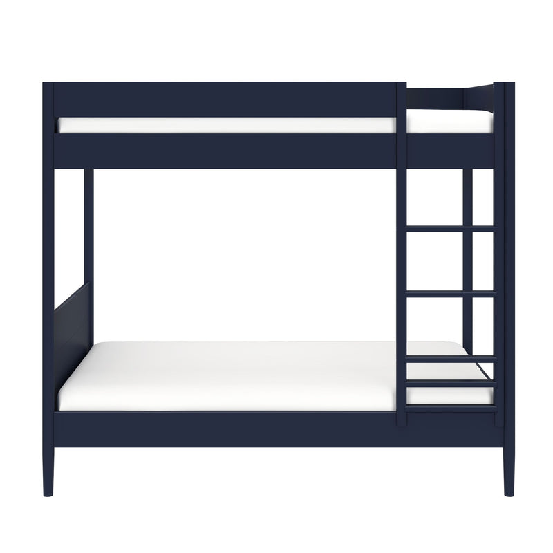 Navy blue wooden bunk bed with ladder and white mattresses, space-saving twin-over-full design for kids' bedroom