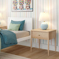 Cozy children's bedroom with white bed, teal and mint bedding, pastel striped wallpaper, light wood nightstand, blue ceramic lamp and gumball art