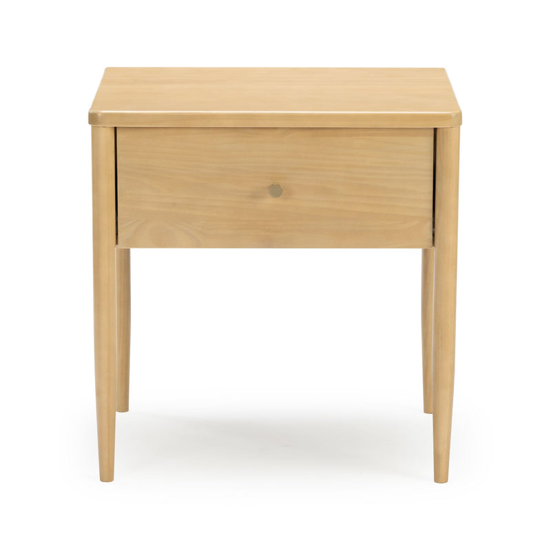 Mid-century modern light wood bedside table, single-drawer minimalist nightstand with tapered legs