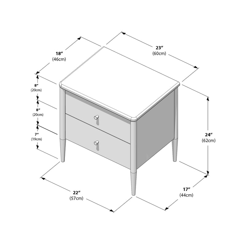 Dimensional diagram of a two-drawer nightstand/bedside table with tapered legs and rounded top corners showing overall dimensions 23" × 18" × 24" (60 × 46 × 62 cm), drawer heights 8" and 7", and base footprint 22" × 17" (57 × 44 cm).