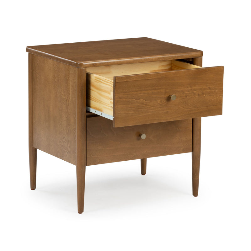 Mid-century modern walnut bedside nightstand with two drawers, open top drawer and tapered legs