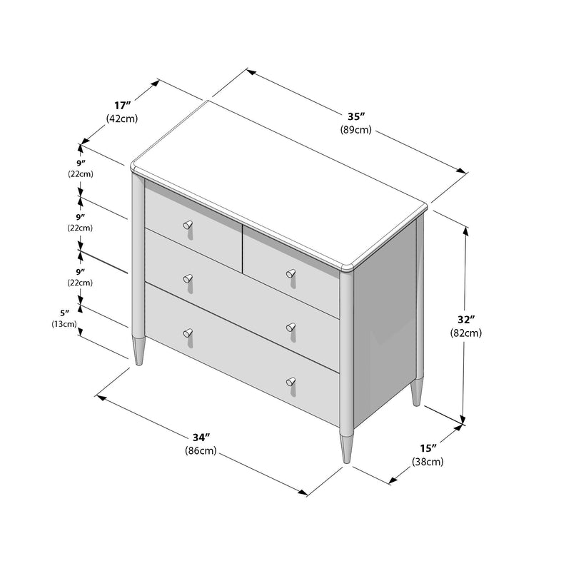 Small wooden bedroom dresser chest of drawers with tapered legs, two small top drawers and two larger lower drawers — dimensions 34" W × 15" D × 32" H (86 × 38 × 82 cm).