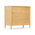 Mid-century modern tall dresser in natural light maple wood with tapered legs, round brass knobs and multiple spacious bedroom storage drawers