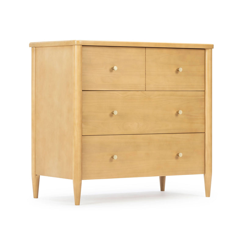 Mid-century modern tall dresser in natural light maple wood with tapered legs, round brass knobs and multiple spacious bedroom storage drawers