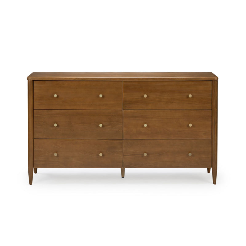 Mid-century modern six-drawer wooden dresser in warm walnut finish with round brass knobs and tapered legs, ideal for bedroom storage