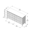 Technical diagram of a six-drawer dresser with dimensions labeled — 59 in (150 cm) wide, 32 in (82 cm) high, 15 in (38 cm) deep, two columns of three drawers (each column ~27 in/70 cm) with 9 in (22 cm) drawer heights.