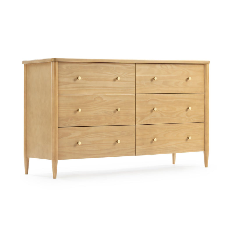 Mid-century modern light maple six-drawer dresser with brass knobs and tapered legs, bedroom storage chest, natural wood finish