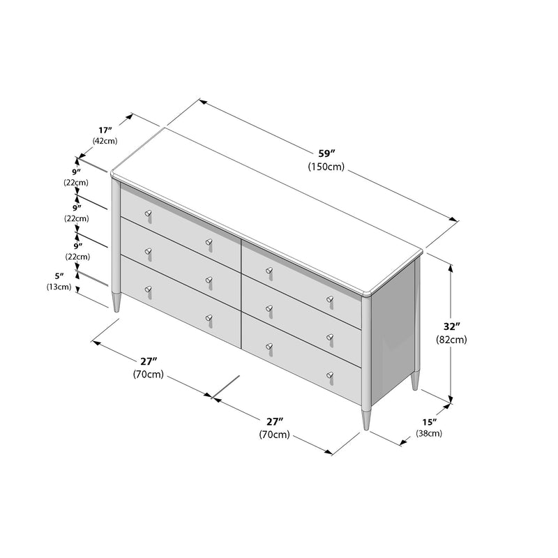 Isometric diagram of a modern six-drawer wooden dresser with dimensions 59 in (150 cm) length, 32 in (82 cm) height, 15 in (38 cm) depth, and 27 in (70 cm) drawer sections — measurement illustration