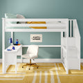 Modern white loft bed with built-in desk in children's room, teal accent wall, striped pillows, mustard throw, blue desk lamp and yellow geometric rug