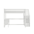 White wooden loft bed with built-in staircase, storage drawers and under-desk workspace — space-saving kids loft bed frame