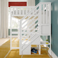 White loft bed with staircase and under-bed storage in a modern kids' bedroom with teal accent wall, large window with red roman shade, white curtains, yellow striped rug, blue sneakers and potted succulent