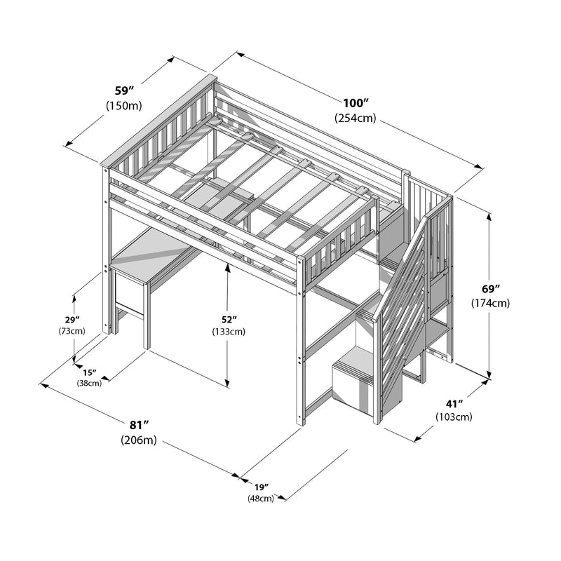Kids loft bed dimensions diagram showing bunk-style loft bed with integrated desk and staircase storage, detailed measurements in inches and centimeters for assembly and room planning.