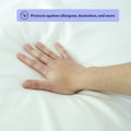 Hypoallergenic mattress protector — hand pressing white breathable mattress cover showing anti-dust mite and allergen protection